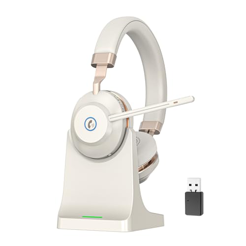 Wireless Headset with Mic for Work, V5.2 Bluetooth Headset with Microphone Noise Canceling & Charging Base, Wireless Headphones with Mic Mute Button & USB Dongle 45Hrs for Laptop/PC/Call Center/Home