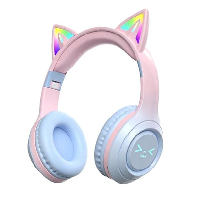 Cat-Ear Wireless Headphones Bluetooth 5.3 Over the Ear Headphones with RGB Light Built-in Mic Foldable Fashionable Stereo Headset Support TF Card for Gaming Travel PC Phone iPad（Ice Blue） - color: Ice Blue