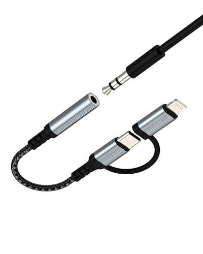 Aux to USB C Lightning for iPhone 17 16 15 14 13 Pro Max (2in1) 3.5mm Audio Adapter Headphone Jack Cable Female Dongle Male Port Compatible with Samsung for Ipad Car Microphone Plug Splitter