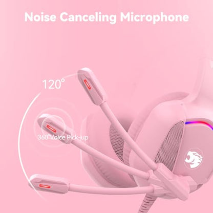 IMYB A36 Pink Gaming Headset with Mic Stereo Headphones for Pc, PS5, Xbox | RGB Wired Over-Ear Noise Cancelling for Xbox Series X/S, PS4, Nintendo Switch, Computer, Laptop, Mac - color: Pink
