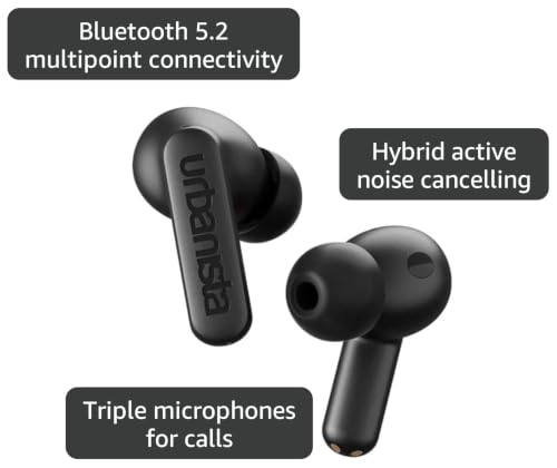 Urbanista Hybrid Active Noise Cancelling Wireless Earbuds, Deep Bass Splash Resistant Headphones, Bluetooth Multipoint Earphones, Transparency Mode, Wireless Charging Case, Atlanta, Midnight Black