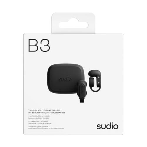 Sudio Audio B3 Open-Ear True Wireless Earbuds – Bluetooth 5.3 Clip-On Headphones with Secure Fit, Sweat-Resistant, Built-in Mic, Long Battery Life, Compatible with iPhone & Android (Black) - color: Black