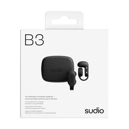 Sudio Audio B3 Open-Ear True Wireless Earbuds – Bluetooth 5.3 Clip-On Headphones with Secure Fit, Sweat-Resistant, Built-in Mic, Long Battery Life, Compatible with iPhone & Android (Black) - color: Black