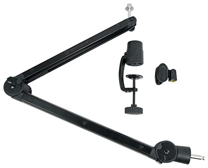 Rockville ROGAN STAND Pro Boom Arm Mic Stand with Fixed Mount, Desk Clamp | Built-in 6.5' XLR Cable, Aluminum, Foldable, No Springs, 5/8" Mic Threads, Safety Locking Pin, 38" Arm, Mic Clip Included