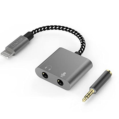 Cubilux Lightning to 3.5mm TRS Microphone Adapter with Headphone Jack Compatible with iPhone 14 Pro Max 14 Plus/13/12/11/SE 2/Xr/Xs Max/8/7, 1/8” Audio & MIC Splitter for Old iPad (Lightning Version) - color: MIC & Headphone Jacks, Grey