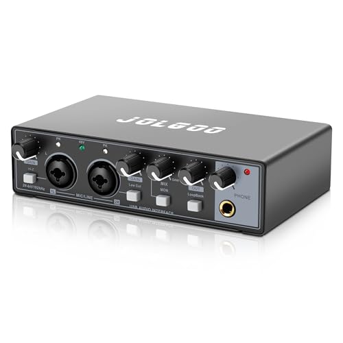 Jolgoo 2x2 USB Audio Interface, 24-Bit/192kHz Phantom Power Recording Card | 24-Bit/192kHz Studio Quality, +48V Phantom Power, Low Latency, for Recording and Podcasting