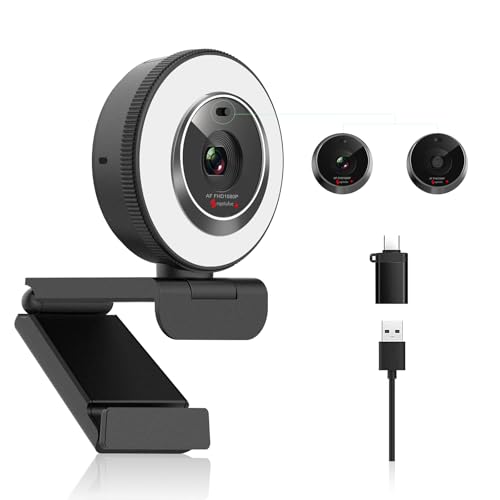 Angetube 1080P USB Webcam with Ring Light Autofocus & Microphone for PC Mac | Built-in Privacy Cover, Plug and Play, Compatible with Laptop Desktop, Works for Streaming, Teams, Skype Video Calls
