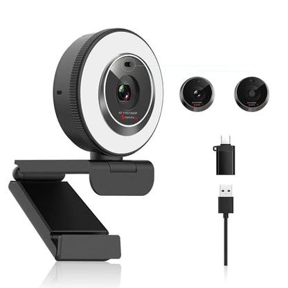 Angetube 1080P USB Webcam with Ring Light Autofocus & Microphone for PC Mac | Built-in Privacy Cover, Plug and Play, Compatible with Laptop Desktop, Works for Streaming, Teams, Skype Video Calls