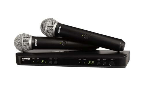 Shure BLX288/PG58 Dual Wireless Vocal System - J11 Band | 14-hour battery and 300 ft UHF range with two PG58 handheld vocal mics and dual-channel receiver for live vocals - style: J11 Band (596-616 MHz)