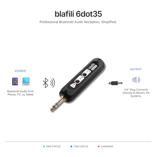 6dot35 Bluetooth Receiver with 1/4" TRS 6.35mm Output for Mixers | For PA/DJ/Amps, aptX HD & Low Latency, AAC/SBC, TWS Stereo Requires 2 Units, 10+ Hour Rechargeable Battery