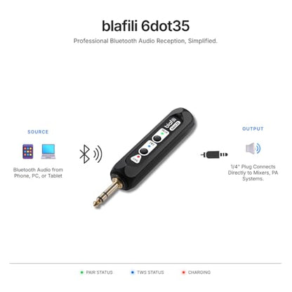 6dot35 Bluetooth Receiver with 1/4" TRS 6.35mm Output for Mixers | For PA/DJ/Amps, aptX HD & Low Latency, AAC/SBC, TWS Stereo Requires 2 Units, 10+ Hour Rechargeable Battery