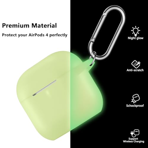 for Airpods 4th Generation Case Cover(2024),Soft Silicone Full Protective Case for AirPods 4 Case with Keychain & Cleaner Kit,Compatible with Apple Airpods 4 for Women,Men（Nightglowgreen） - color: Night Glowgreen