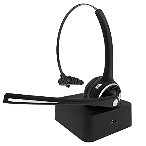 Trucker Bluetooth Headset with Microphone Noise Cancelling, V5.0 Wireless Headset with Charging Base 17 Hrs Talk Time, Black