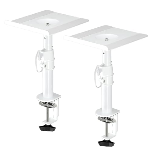 suptek Clamp-on Speaker Stand Desk Mount Set, Height Adjustment, Tilt, Swivel, 9.6 x 8.8 inch Trays, Universal Audio Holders for Computer and Bookshelf Speakers, Elevated Sound, 2 Pack, White, SDM001W - color: White, size: 9.6 x 8.8x 13.9"(h)