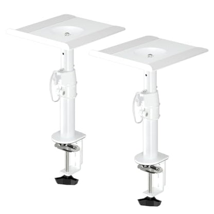 suptek Clamp-on Speaker Stand Desk Mount Set, Height Adjustment, Tilt, Swivel, 9.6 x 8.8 inch Trays, Universal Audio Holders for Computer and Bookshelf Speakers, Elevated Sound, 2 Pack, White, SDM001W - color: White, size: 9.6 x 8.8x 13.9"(h)