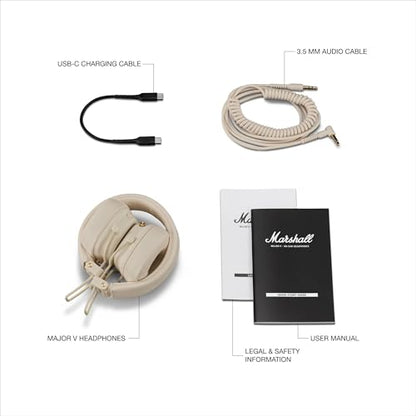 Marshall Major V Wireless On-Ear Bluetooth Headphones - 100+ Hr Playtime | Detachable Audio Cable | Microphone for Calls | Lightweight, Foldable Design for Travel - Cream - color: Cream