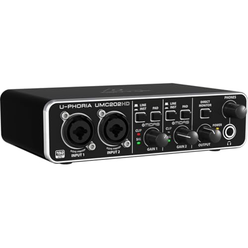Behringer UMC202HD Audiophile 2x2, 24-Bit/192 kHz USB Audio Interface with Midas Mic Preamplifiers | For Recording Microphones and Instruments