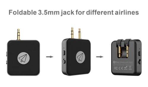 비행기 블루투스 어댑터 2in1, 다양한 항공기용 접이식 3.5mm AUX 잭, 20시간 재생 시간, 에어팟 2개/헤드폰에 송신기, 수신기에서 자동차/홈 스테레오로 연결