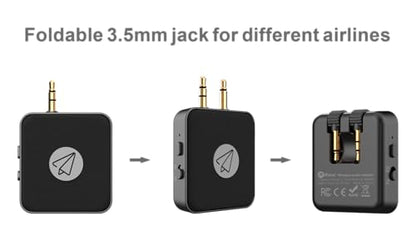 비행기 블루투스 어댑터 2in1, 다양한 항공기용 접이식 3.5mm AUX 잭, 20시간 재생 시간, 에어팟 2개/헤드폰에 송신기, 수신기에서 자동차/홈 스테레오로 연결