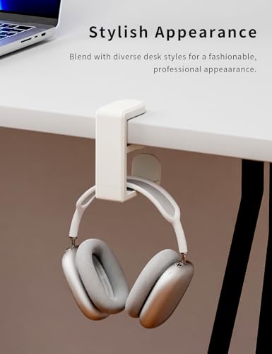 Headphone Hook Under Desk Holder 360-Degree Adjustable Rotation, White | Fits 0.47-1.57 in desks as headset stand hanger, easy spring clamp, soft rubber pads, built-in loop for cable organizer - color: Creamy White