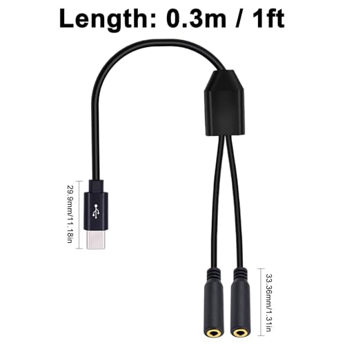 Poyiccot USB C to 3.5mm Audio Cable, 2-in-1 USB Type C to 3.5mm TRRS Female Headphone Stereo Adapter Aux Splitter Cable Compatible with Micphone, Headphone, Galaxy, MacBook, 30cm/1ft - style: 1 to 2 ways