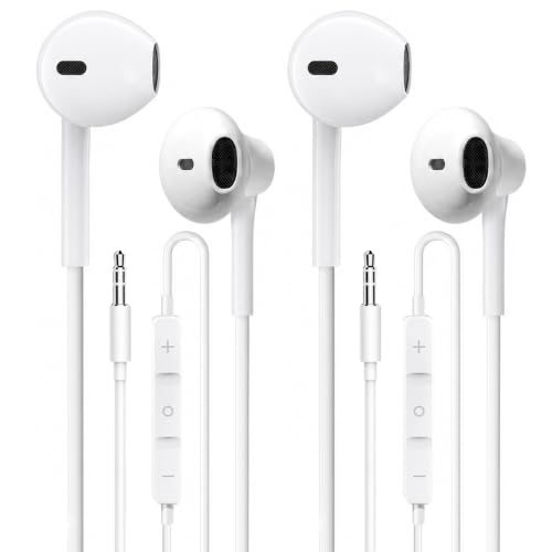 Wired Earbuds 2 Pack, Earbuds HiFi Stereo Wired Earphones Headphones with Microphone Volume Control Compatible with iPad, Laptop, MP3, Android Smartphones, Fits All 3.5mm Jack Device - color: Off-white