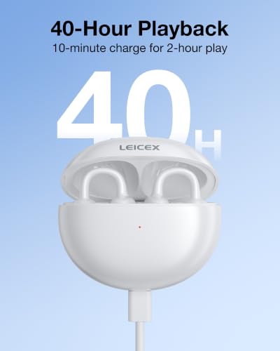 LEICEX Open Ear Clip-On Earbuds, Lightweight Portable Wireless Headphones, Comfortable Wear with 40H Long Playtime(White)