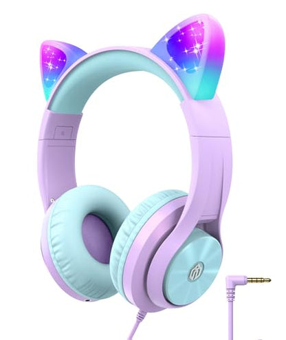 iClever HS20 Kids Headphones for Toddler Girls, Cat Ear LED Light Up School | SafeSound Tech, 3.5mm Wired Foldable, Stereo Sound, Over-Ear Headphones for Kids for iPad/Tablet/Travel/Gift, Light Purple - color: Light Purple