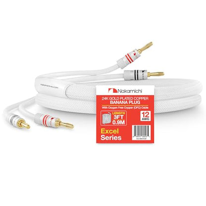 Nakamichi 24k Gold Plated Banana Plugs with 12 AWG Speaker Cable 99.9% OFC | Oxygen-Free Copper, Excel Series, Heavy Duty Braided for Amplifier Receiver Hi-Fi Stereo Audio Wire - White (3 feet / 0.9m) - color: White (12 AWG), size: 3-Feet (0.9m)