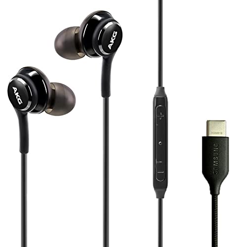 ElloGear Type C Headphone Earbuds for Samsung Galaxy A53, S21, S22, S22 Ultra, S20 FE - Designed by AKG - Braided Cable with Microphone and Volume Remote USB-C Connector - Black
