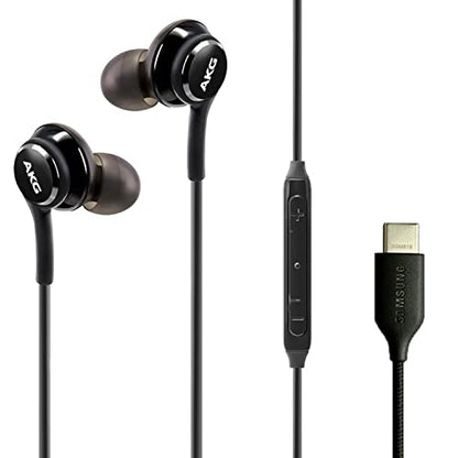ElloGear Type C Headphone Earbuds for Samsung Galaxy A53, S21, S22, S22 Ultra, S20 FE - Designed by AKG - Braided Cable with Microphone and Volume Remote USB-C Connector - Black