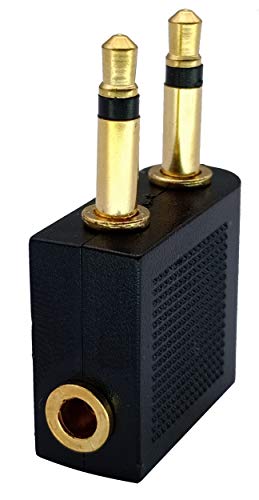 Dual 3.5mm (1/8") Male to 3.5mm Female AUX Audio Jack Adapter Converter for Using Headphone on Airplane Airline Flight (2 Pack)