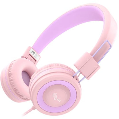 ELECDER i37 Kids Headphones for School Child Girls Boys Teens, Peach/Purple | Foldable Adjustable Lightweight, 3.5mm Audio Jack On Ear Headphones for Smartphones Chromebook Computer PC Tablets Travel - color: Peach/Purple