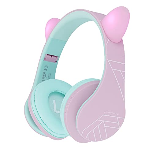 PowerLocus Kids Headphones Over-Ear, Bluetooth Wireless Headphones for Kids,with Microphone, Safe 85DB Volume Limited, Foldable with Carry Case, Audio Cable, Micro SD mode for Online Classes,PC,Phones - color: Pink/Teal