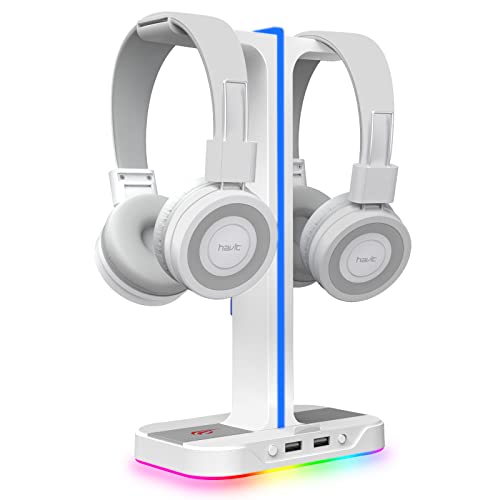 havit RGB Gaming Headphone Stand Desk Dual Headset Hanger Base with Phone Holder & 2 USB Ports for Desktop PC Game Earphone Accessories, White (Renewed)