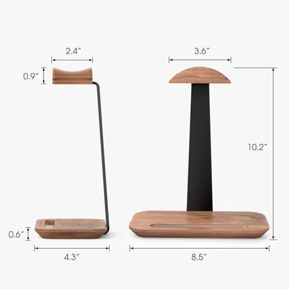 UPERGO Walnut 헤드폰 스탠드, 책상용 우드 헤드셋 스탠드, 게임, 에어팟 맥스, 보스, 레이저용 보관 베이스가 있는 범용 헤드폰 홀더 | 단단한 월넛 및 알루미늄, 미끄럼 방지 베이스, 게이밍 헤드셋 및 에어팟 맥스용 범용, 추가 보관 트레이