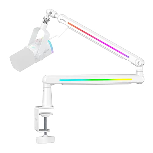 FIFINE BM88ProW RGB Low Profile Microphone Boom Arm for Gaming Streaming | Rotatable Desk Mount Mic Stand, Cable Management, RGB Control for Podcast, - color: white