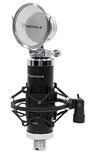 Rockville RCM03 Studio Condenser Mic with Vocal Isolation Shield | Cardioid, 16mm Diaphragm, 30Hz-20kHz, XLR/3.5mm Cable, Shock Mount, ROCKSHIELD 3 5-Panel Isolation Shield, Recording, 2-Items