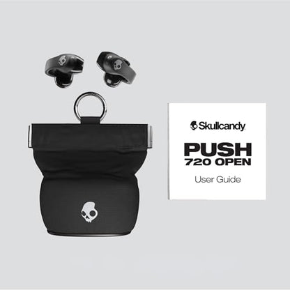 Skullcandy Push 720 Open Wireless Open-Ear Bluetooth Earbuds - True Black | Waterproof, Clip-On Lightweight Design, 30 Hours Battery, Wireless Charging Pouch, Exercise, Running Outdoors, Gym, Fitness - color: Black/Silver