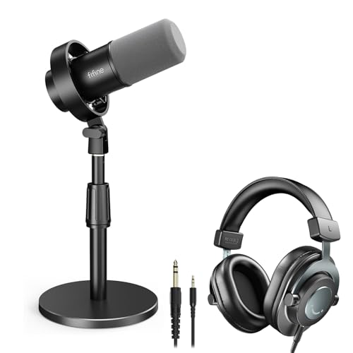 FIFINE Studio Microphone with Desktop Mic Stand & Headphone Kit, XLR/USB Dynamic Mic with Quick Mute & Headphone Jack, Metal Adjustable Table Stand & 3.5mm Monitoring Headset-K688+BS1+H8