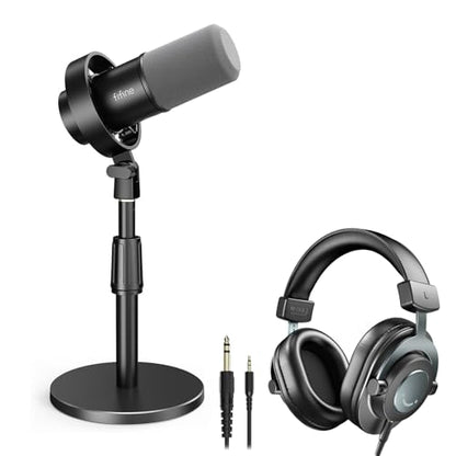 FIFINE Studio Microphone with Desktop Mic Stand & Headphone Kit, XLR/USB Dynamic Mic with Quick Mute & Headphone Jack, Metal Adjustable Table Stand & 3.5mm Monitoring Headset-K688+BS1+H8