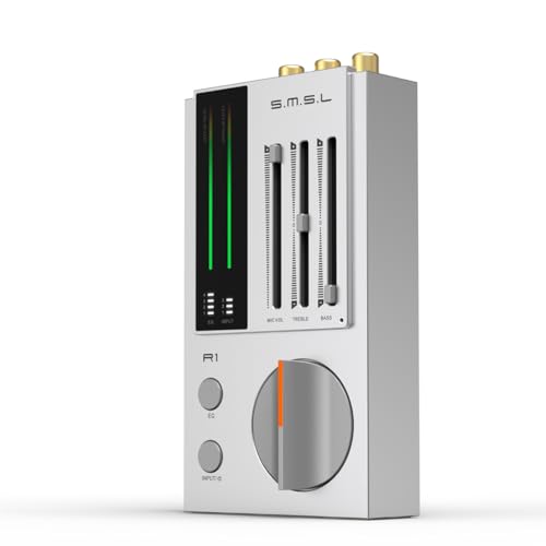 SMSL R1 DAC Headphone Amplifier, Desktop USB C Digital to Analog Audio Converter for Gaming PC PS5, Microphone/USB/Opt/Coax Input 3.5mm/4.4mm Balanced/RCA Output, EQ Mode/Bass/Treble Adjust (Silver)