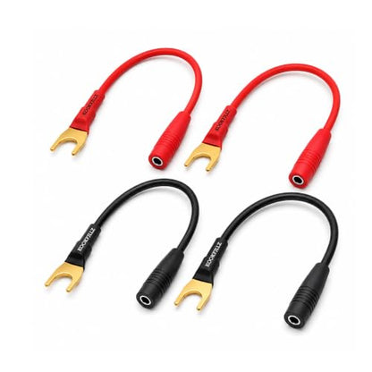 Spade to Banana Plug Cable 4-Pack 24K Gold OFC | 8-Inch, 13AWG, 24K Gold-Plated, OFC Pure Copper, 45-Degree Angled, Color-Coded, Amplifier, AV Receiver, Home Theater