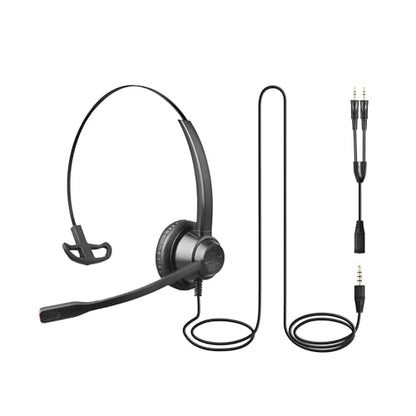 X1 Single Ear Office Headset with 3.5mm & Y-Adapter - Noise Cancelling Mic - Wired Call Center Headset for PC Laptop Phone, Zoom & Teams