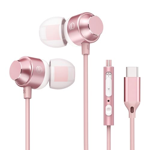 USB C Earbuds Rose Gold, Type C in Ear Headphones Wired, Stereo Bass Pink Earphones with Micphone and Volume Control Compatible with iPhone 15 Samsung Google Pixel Smart Phones