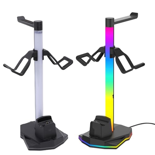 Zunate 3 in 1 RGB Gaming Controller Charging Stand with Headphone Holder, Dual USB and USB C Ports, 4 Lighting Modes, Dock for 2 Game Controllers and Headsets