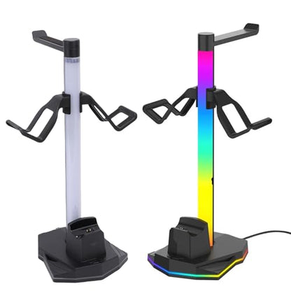 Zunate 3 in 1 RGB Gaming Controller Charging Stand with Headphone Holder, Dual USB and USB C Ports, 4 Lighting Modes, Dock for 2 Game Controllers and Headsets