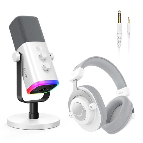 FIFINE Gaming XLR/USB Microphone with Studio Headphones Bundle, Recording Equipment Set with Headphone Jack, Volume Control, 3.5mm/6.35mm Plug Compatible with Mixer/Computer/Instrument (AM8+H8 White)