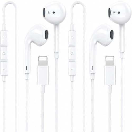 [Apple MFi Certified] Lightning Earbuds for iPhone, 2-Pack Wired Headphones | Bluetooth Connection; Built-In Remote and Mic for Music, Calls and Volume; Compatible with iPhone 14/13/12/11 Pro Max - color: L-Ivory White