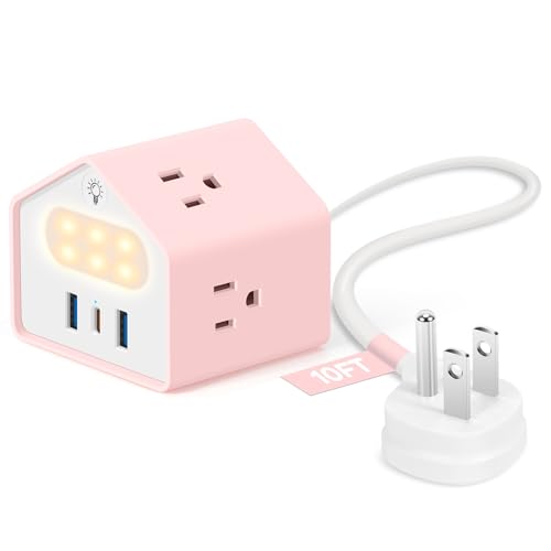 Lovely-Pink Power Strip with Night Light, Kawaii USB C Desk Accessories | 4 Outlets 3 USB Ports, Overload Protection Plug Extender, Home Office Dorm Travel Hotel, Women Girls - color: Lovely-Pink